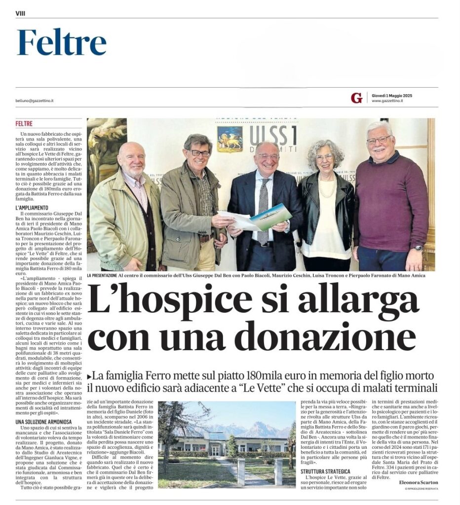 Donazione progetto a Mano Amica Un Impegno Concreto per la Comunit&agrave;&nbsp; Feltrina