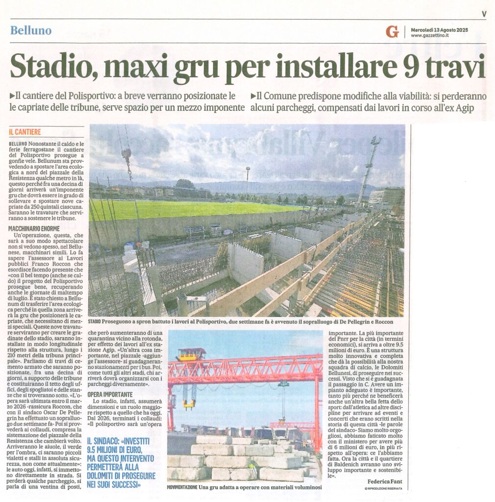 Gazzettino Belluno del 13.08.2025 stadio BL 1 Polisportivo di Belluno: un nuovo passo avanti nel cantiere